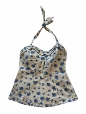 Kimchi Blue NWT ($48) Floral Halter Babydoll Top WomenXS Cream/BlueCottagecore
